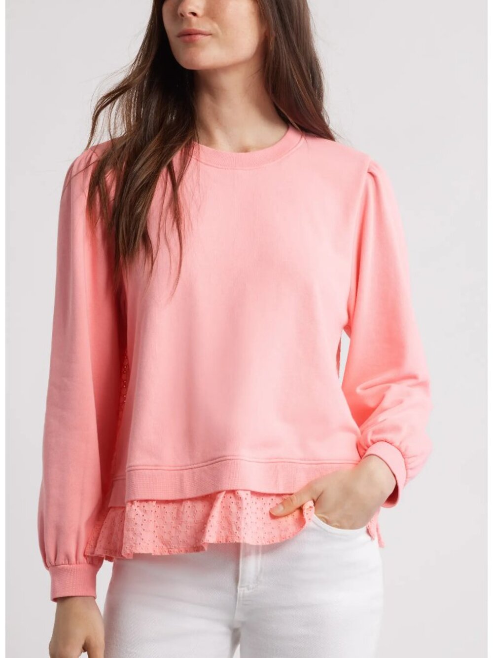Caslon Puff Shoulder Mixed Media Sweatshirt in Pink SZ L NEW
